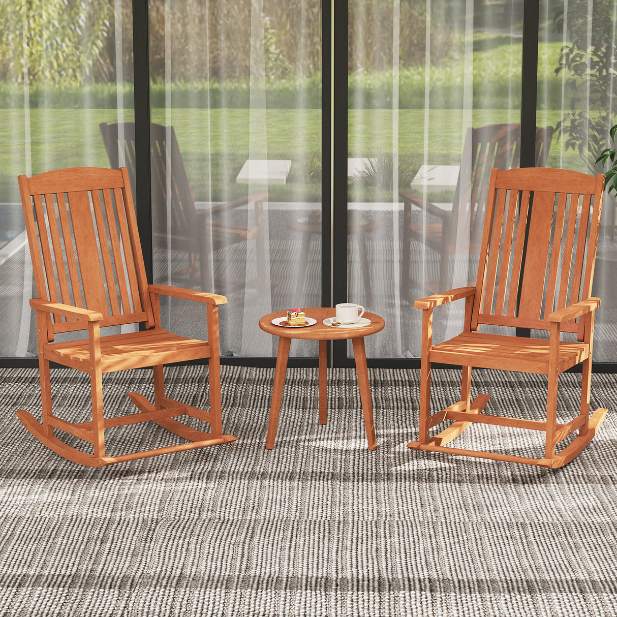 Outdoor Rocking Chair Solid Wood High Back Rocker with Slatted Seat