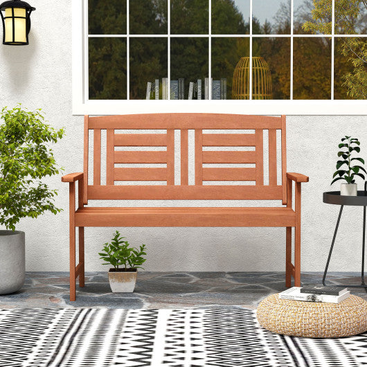 Outdoor Solid Wood Loveseat Hardwood 2-Seat Bench with Inclined Backrest and Slatted Seat