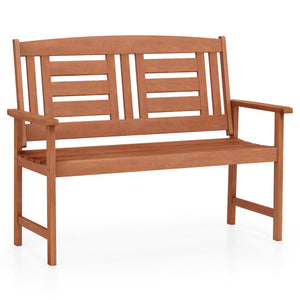 Outdoor Solid Wood Loveseat Hardwood 2-Seat Bench with Inclined Backrest and Slatted Seat