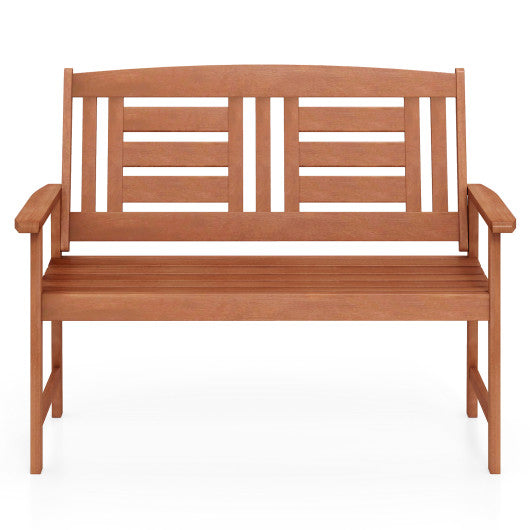 Outdoor Solid Wood Loveseat Hardwood 2-Seat Bench with Inclined Backrest and Slatted Seat