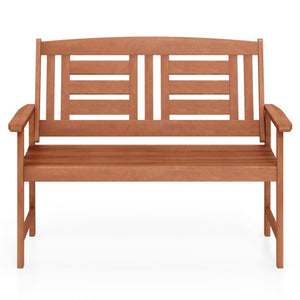 Outdoor Solid Wood Loveseat Hardwood 2-Seat Bench with Inclined Backrest and Slatted Seat