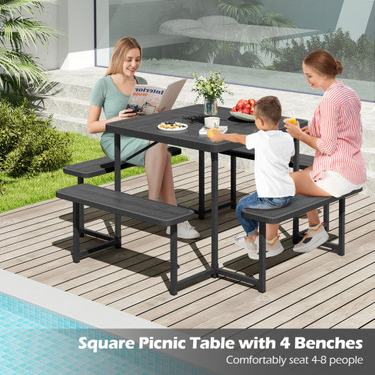 Outdoor Square Picnic Table Bench Set for 4-8 People with Umbrella Hole-Black