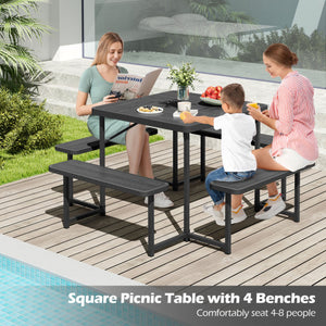 Outdoor Square Picnic Table Bench Set for 4-8 People with Umbrella Hole-Black