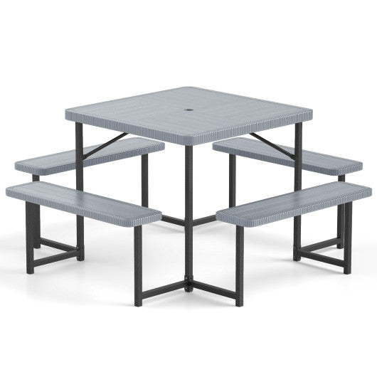 Outdoor Square Picnic Table Bench Set for 4-8 People with Umbrella Hole-Gray