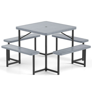 Outdoor Square Picnic Table Bench Set for 4-8 People with Umbrella Hole-Gray