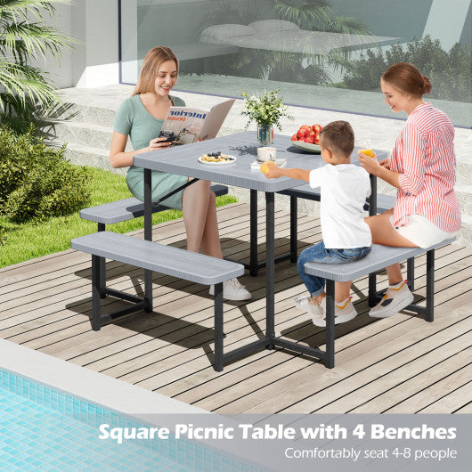 Outdoor Square Picnic Table Bench Set for 4-8 People with Umbrella Hole-Gray