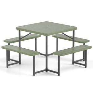 Outdoor Square Picnic Table Bench Set for 4-8 People with Umbrella Hole-Green