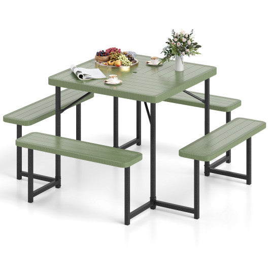 Outdoor Square Picnic Table Bench Set for 4-8 People with Umbrella Hole-Green