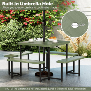 Outdoor Square Picnic Table Bench Set for 4-8 People with Umbrella Hole-Gray