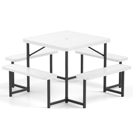 Outdoor Square Picnic Table Bench Set for 4-8 People with Umbrella Hole-White