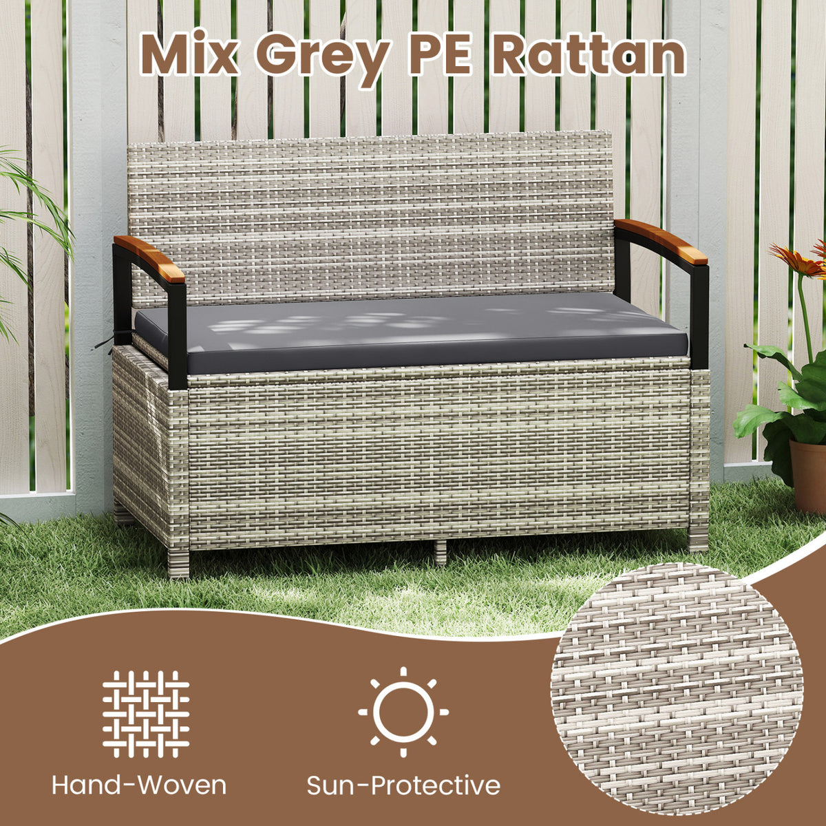 Outdoor Storage Bench Deck Box Patio Furniture with Cushion-Gray