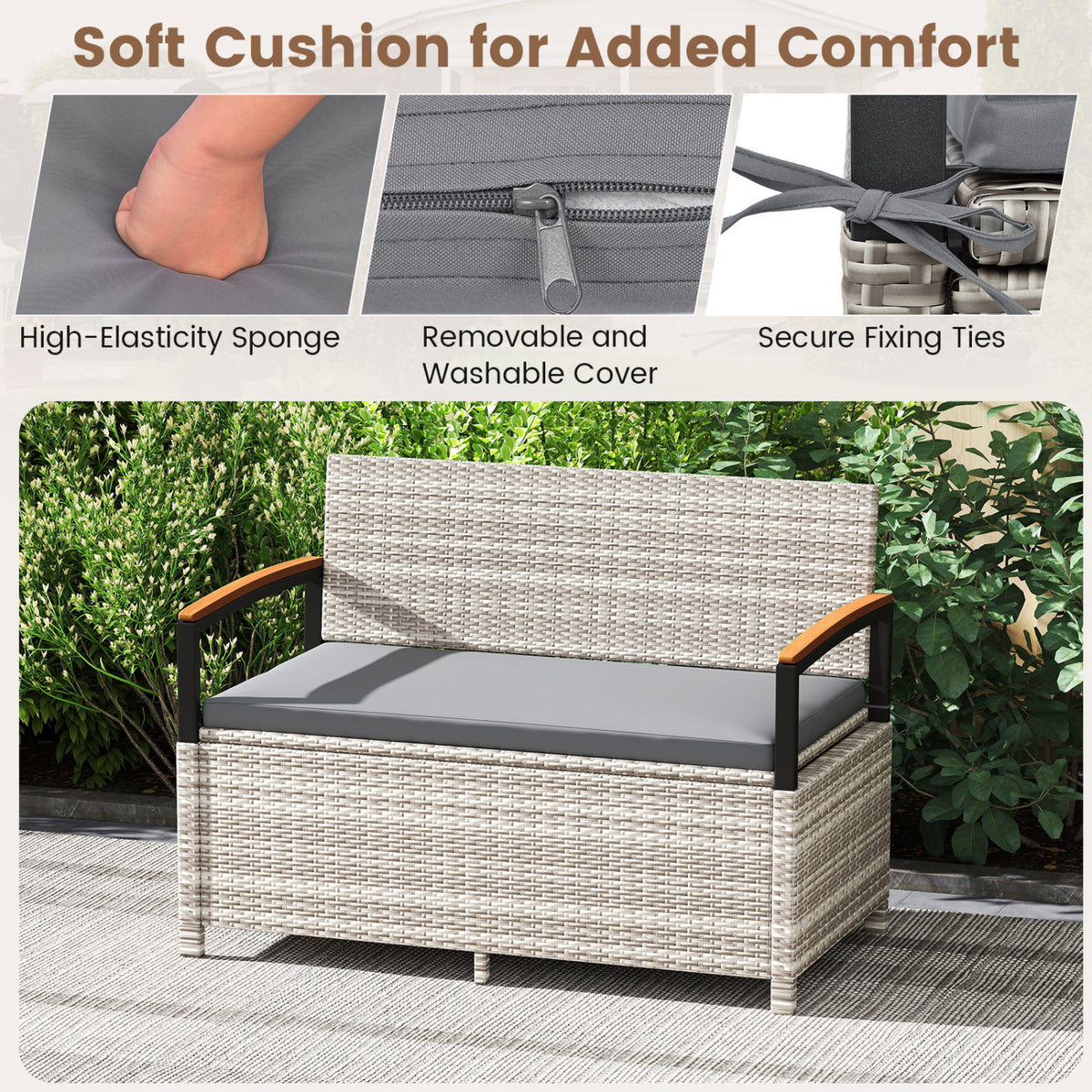 Outdoor Storage Bench Deck Box Patio Furniture with Cushion-Gray