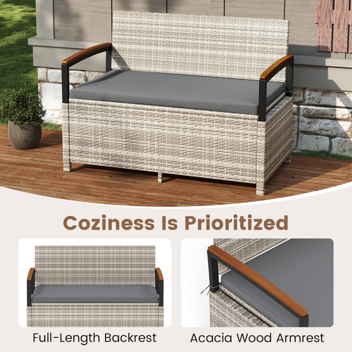 Outdoor Storage Bench Deck Box Patio Furniture with Cushion-Gray