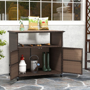 Outdoor Storage Cabinet with Acacia Wood Top and Lockable Wheels