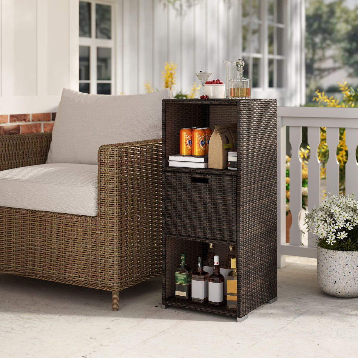 Outdoor Storage Cabinet Patio Wicker Organizer with Drawer-Brown