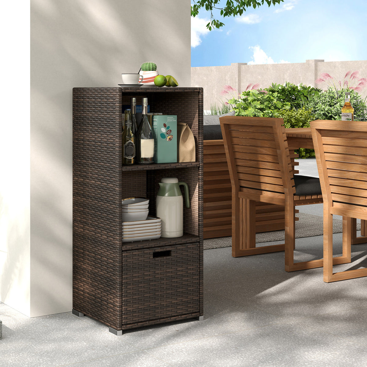 Outdoor Storage Cabinet Patio Wicker Organizer with Drawer-Brown