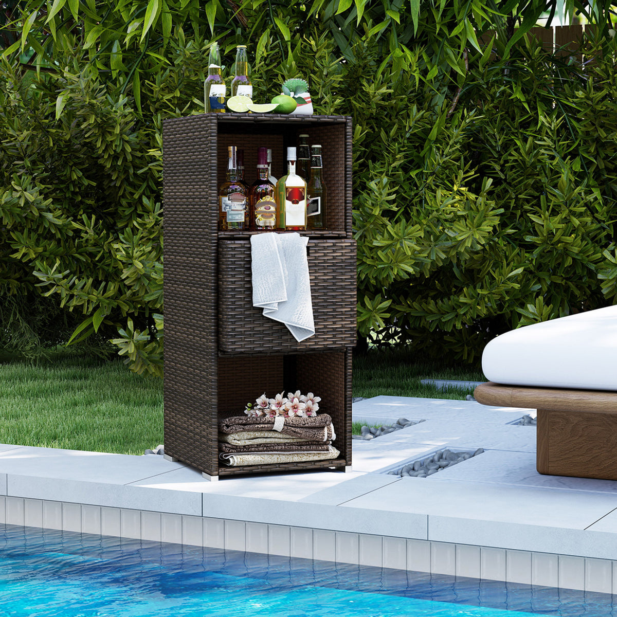 Outdoor Storage Cabinet Patio Wicker Organizer with Drawer-Brown