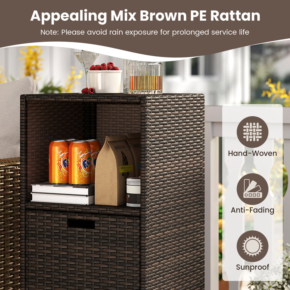 Outdoor Storage Cabinet Patio Wicker Organizer with Drawer-Brown