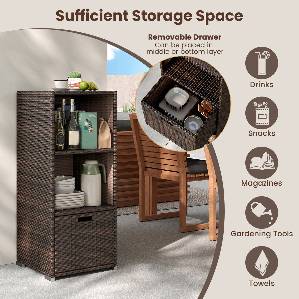 Outdoor Storage Cabinet Patio Wicker Organizer with Drawer-Brown