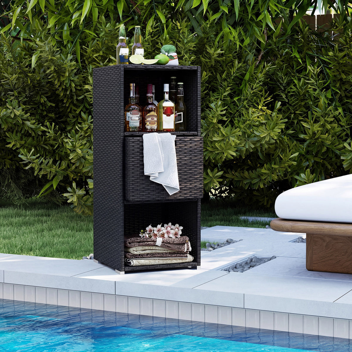 Outdoor Storage Cabinet Patio Wicker Organizer with Drawer-Black
