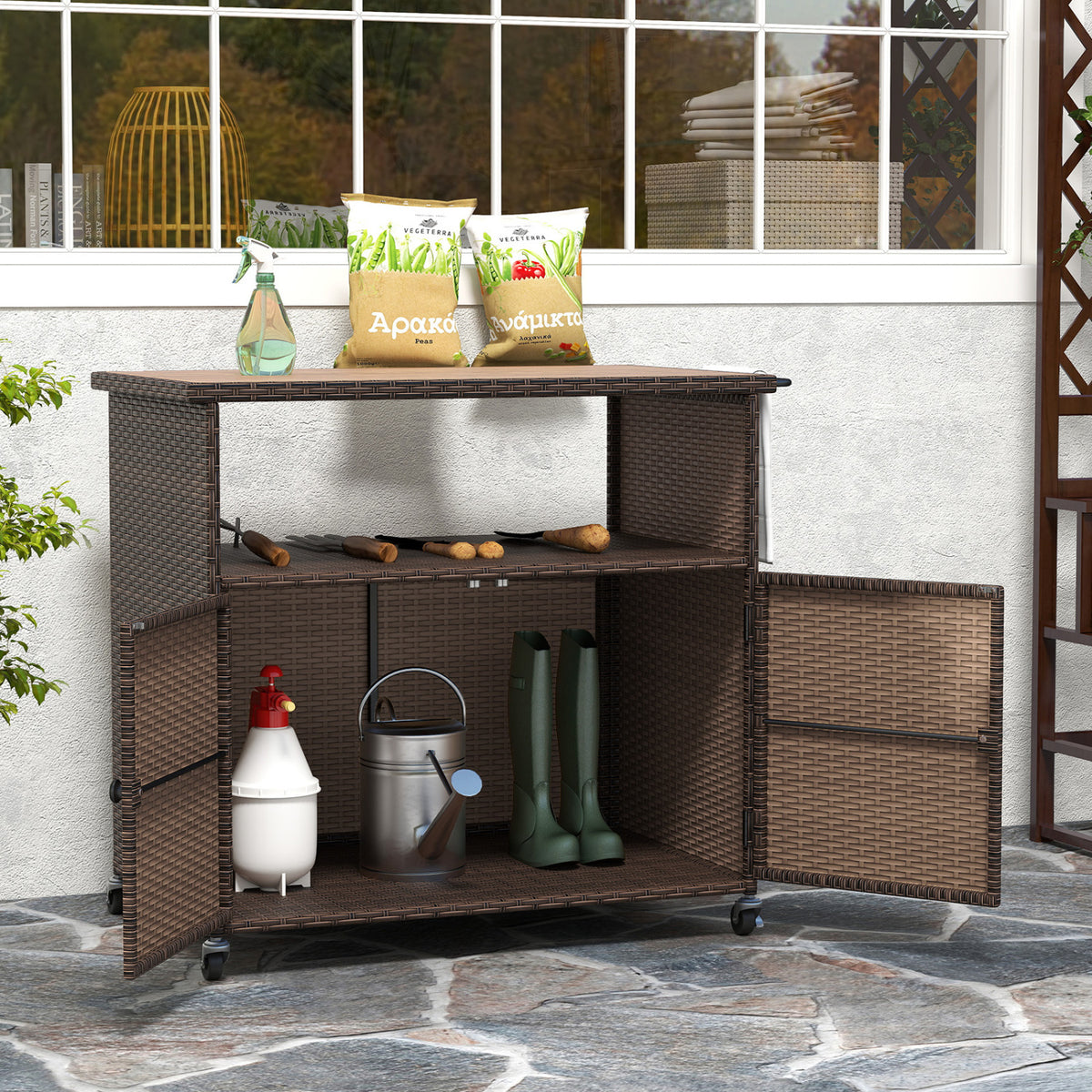 Outdoor Storage Cabinet with Acacia Wood Top and Lockable Wheels-Brown