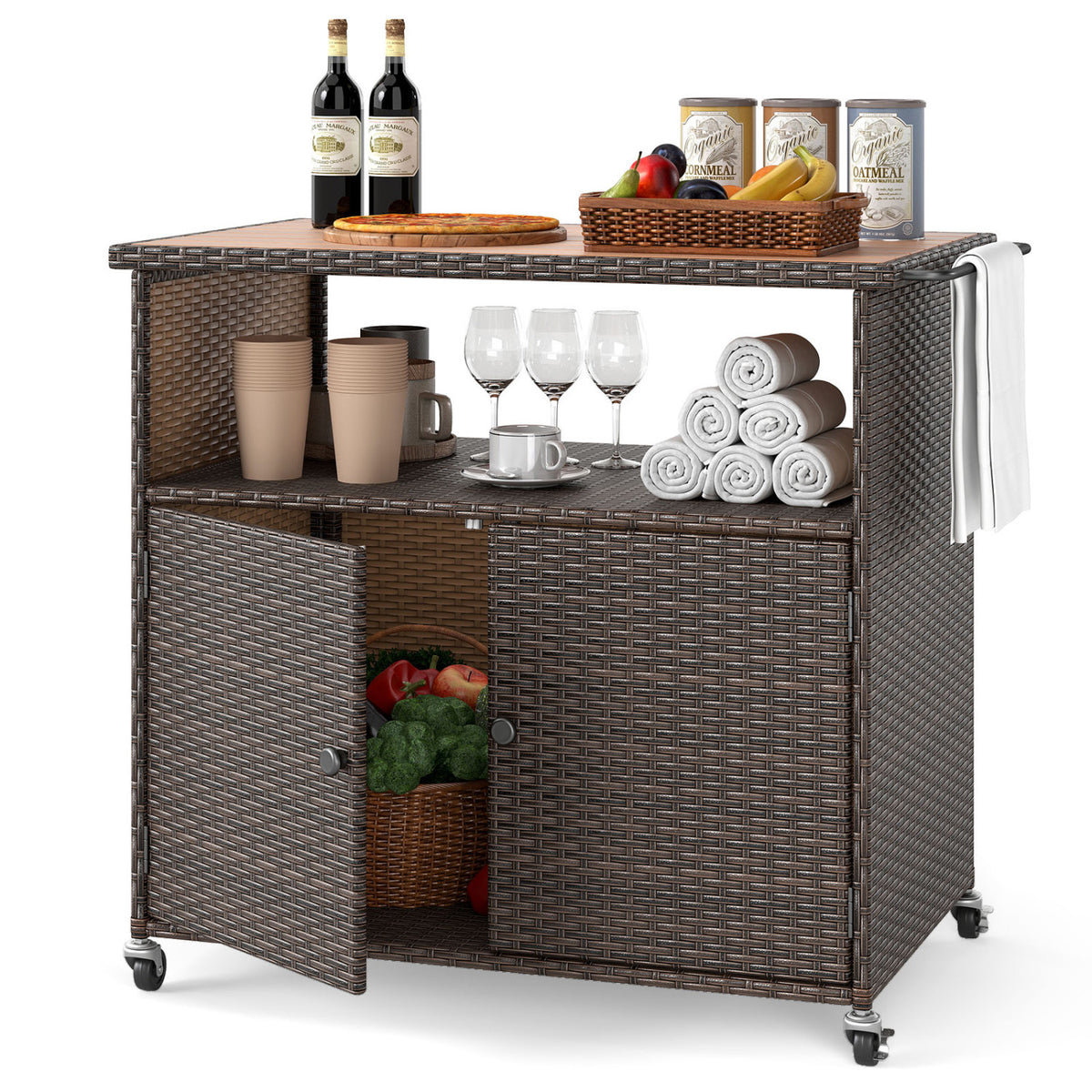 Outdoor Storage Cabinet with Acacia Wood Top and Lockable Wheels-Brown