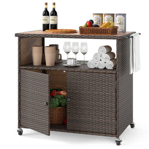 Outdoor Storage Cabinet with Acacia Wood Top and Lockable Wheels-Brown