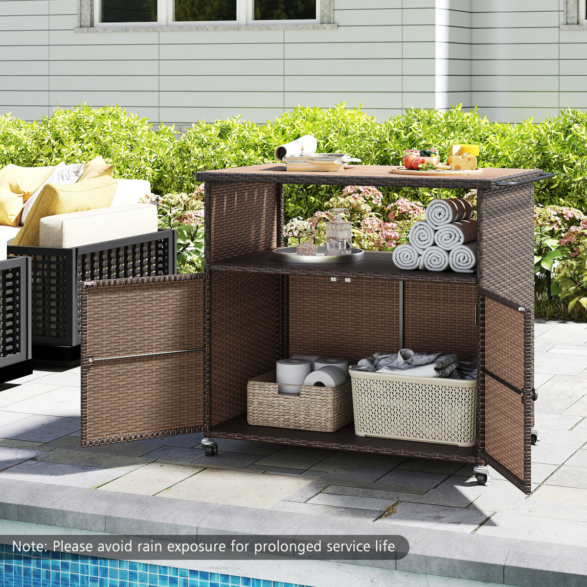 Outdoor Storage Cabinet with Acacia Wood Top and Lockable Wheels-Brown