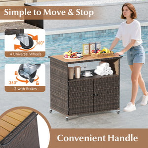 Outdoor Storage Cabinet with Acacia Wood Top and Lockable Wheels-Brown