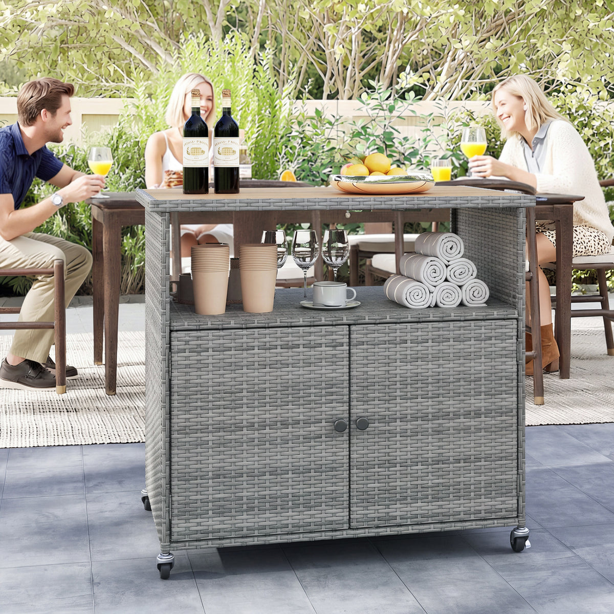 Outdoor Storage Cabinet with Acacia Wood Top and Lockable Wheels-Gray