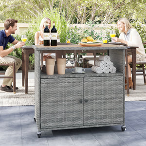 Outdoor Storage Cabinet with Acacia Wood Top and Lockable Wheels-Gray
