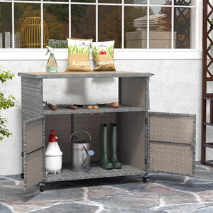 Outdoor Storage Cabinet with Acacia Wood Top and Lockable Wheels-Gray