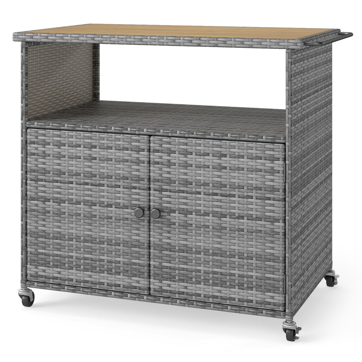 Outdoor Storage Cabinet with Acacia Wood Top and Lockable Wheels-Gray