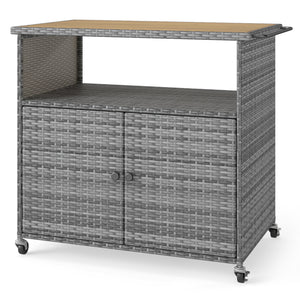 Outdoor Storage Cabinet with Acacia Wood Top and Lockable Wheels-Gray