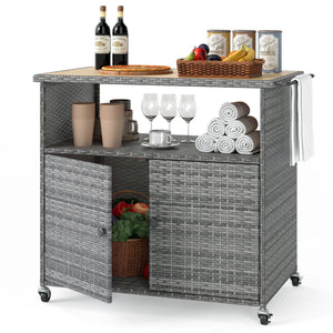 Outdoor Storage Cabinet with Acacia Wood Top and Lockable Wheels-Gray