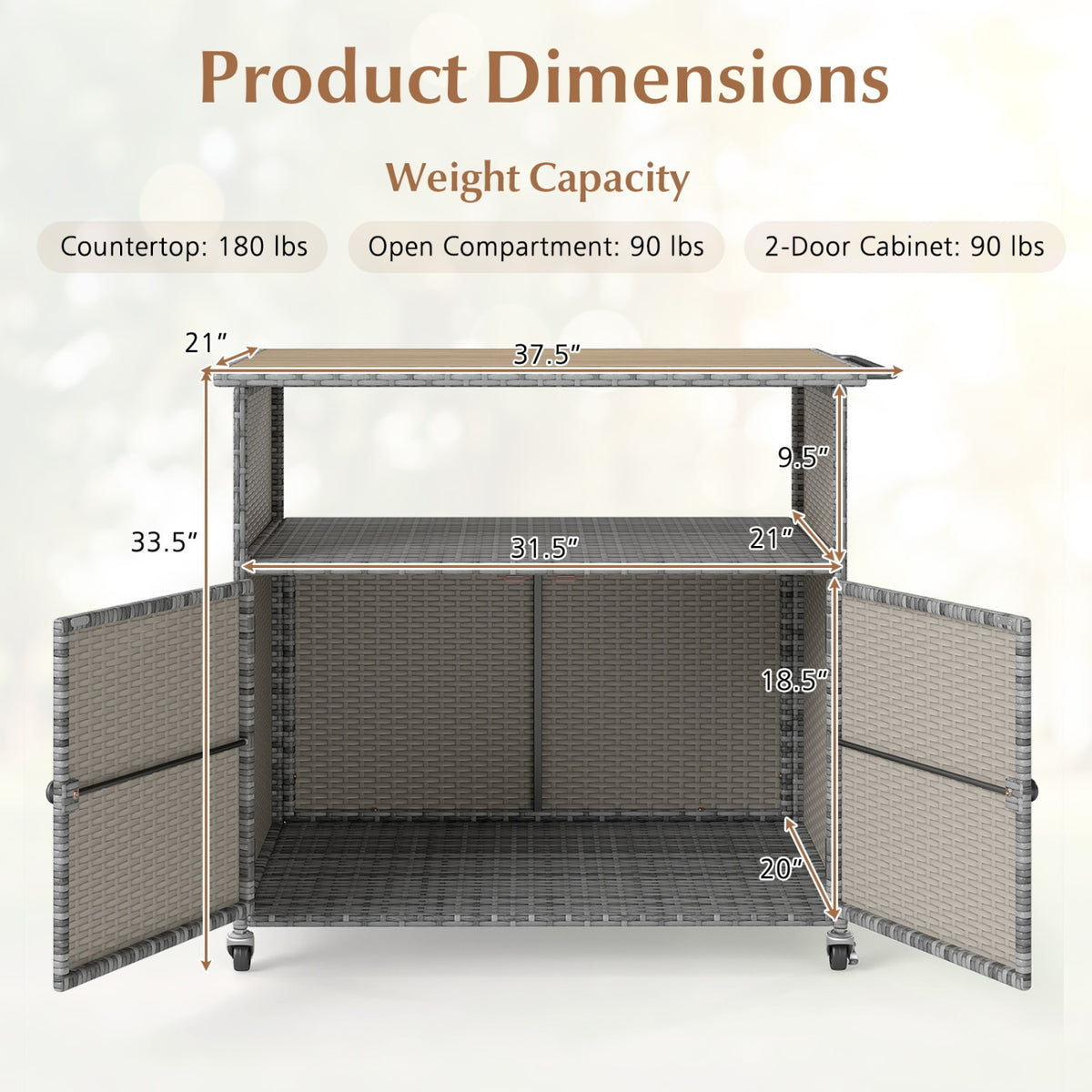 Outdoor Storage Cabinet with Acacia Wood Top and Lockable Wheels-Gray