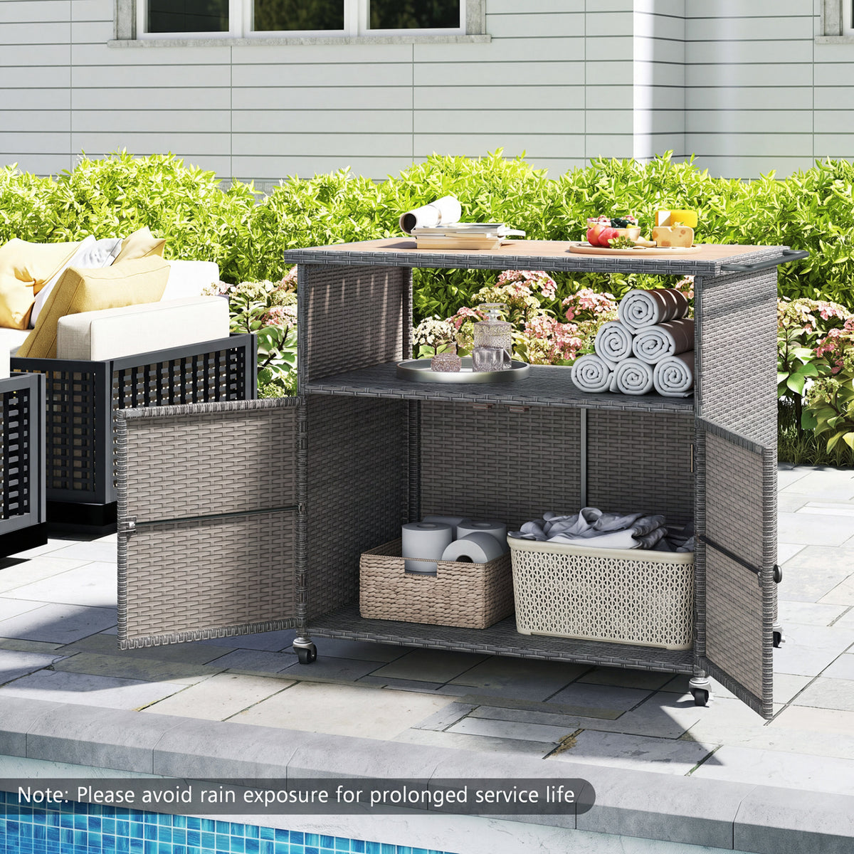 Outdoor Storage Cabinet with Acacia Wood Top and Lockable Wheels-Gray