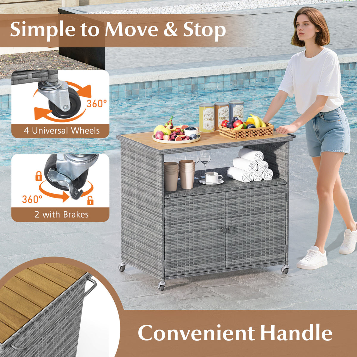 Outdoor Storage Cabinet with Acacia Wood Top and Lockable Wheels-Gray