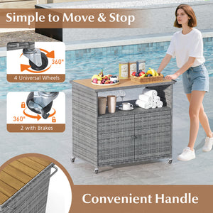 Outdoor Storage Cabinet with Acacia Wood Top and Lockable Wheels-Gray
