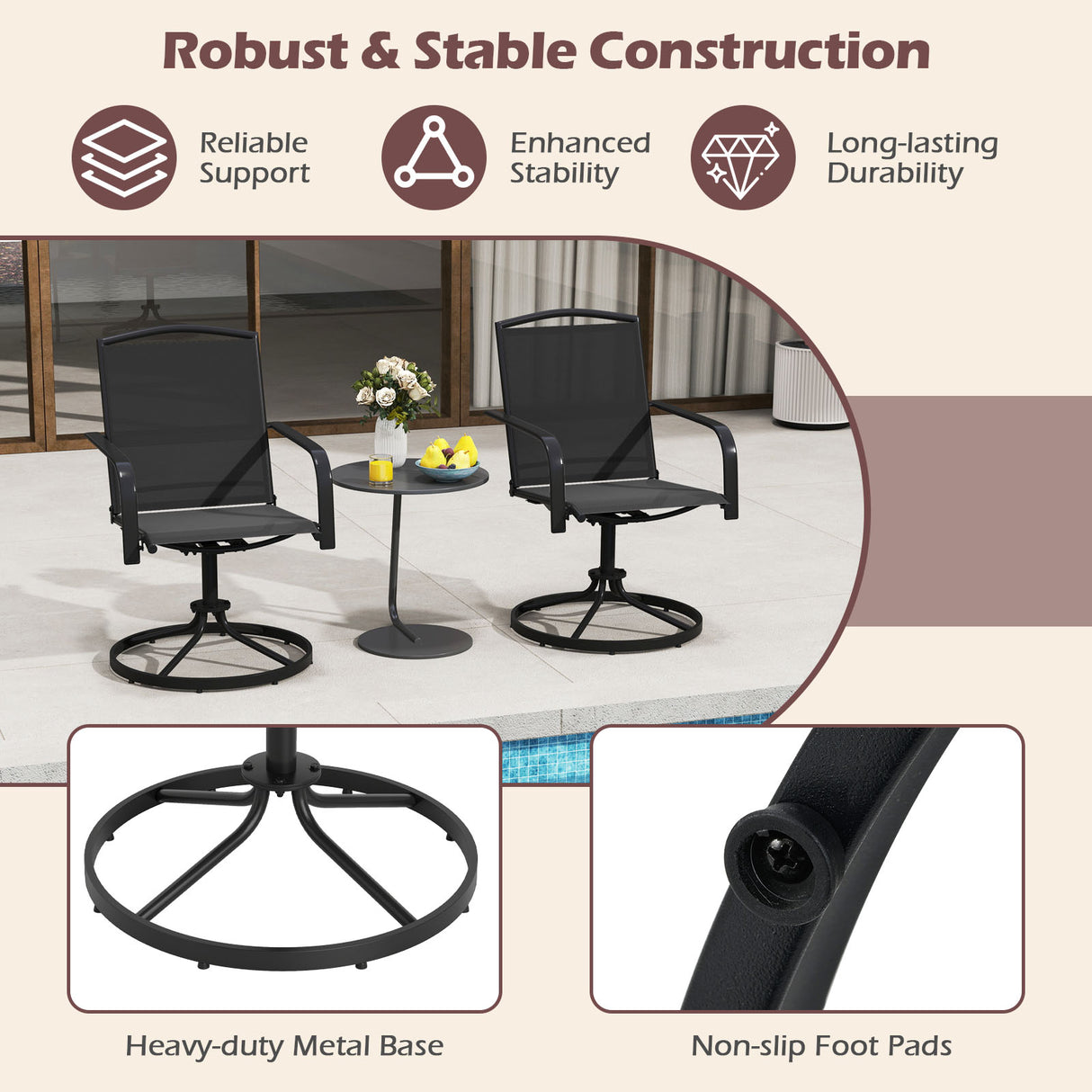 Outdoor Swivel Chairs Set of 2 with High Back and Breathable Seat-Black
