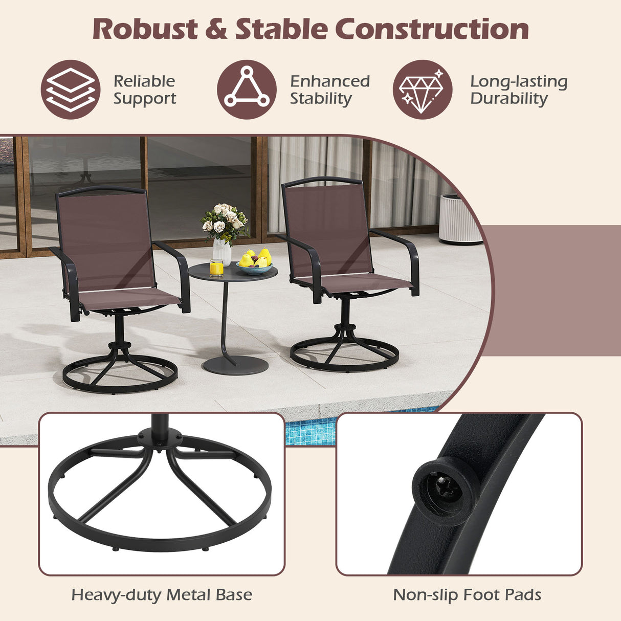 Outdoor Swivel Chairs Set of 2 with High Back and Breathable Seat-Coffee