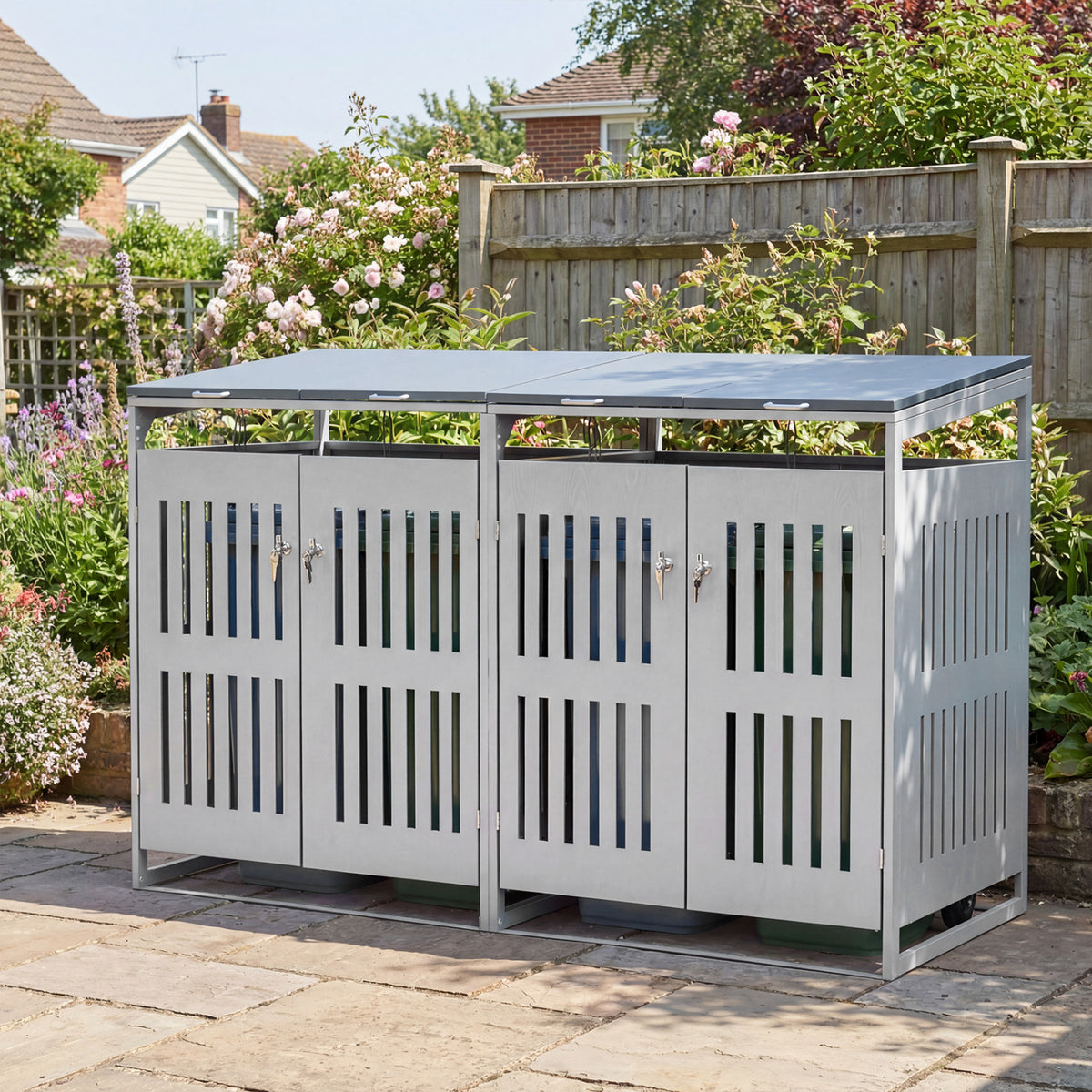 Outdoor Trash Can Storage Shed for 2 Bins with Gas Struts-Silver