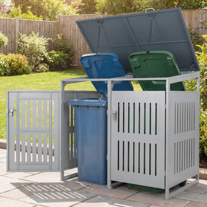 Outdoor Trash Can Storage Shed for 2 Bins with Gas Struts-Silver