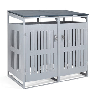 Outdoor Trash Can Storage Shed for 2 Bins with Gas Struts-Silver