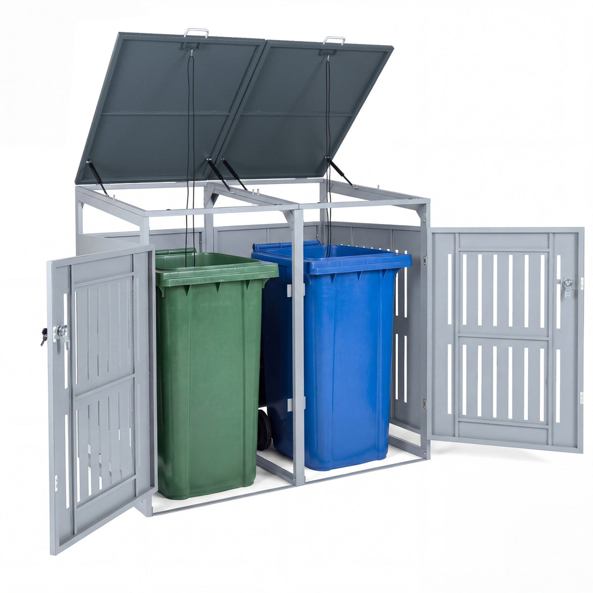 Outdoor Trash Can Storage Shed for 2 Bins with Gas Struts-Silver