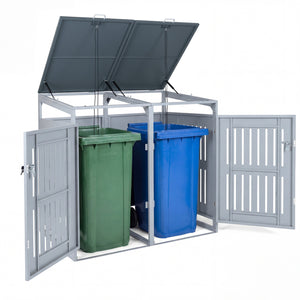 Outdoor Trash Can Storage Shed for 2 Bins with Gas Struts-Silver