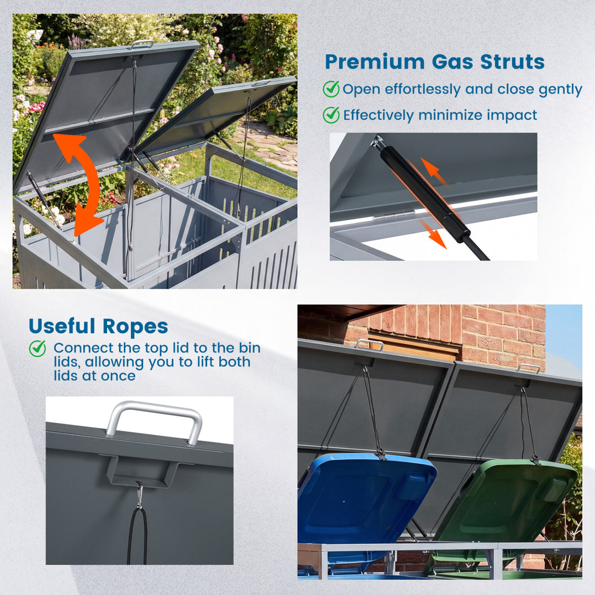 Outdoor Trash Can Storage Shed for 2 Bins with Gas Struts-Silver