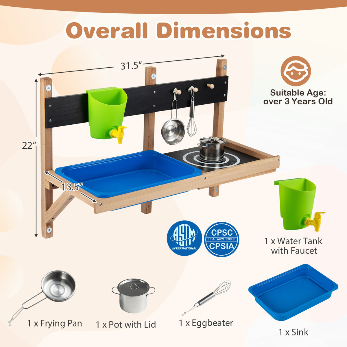 Outdoor Wall Mounted Mud Kitchen for Kids Ages 3+