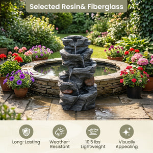 Outdoor Water Fountain with LED Lights and Pump 5-Tier Tabletop Cascading Rock Waterfall Feature