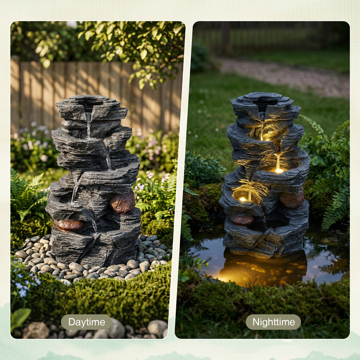 Outdoor Water Fountain with LED Lights and Pump 5-Tier Tabletop Cascading Rock Waterfall Feature